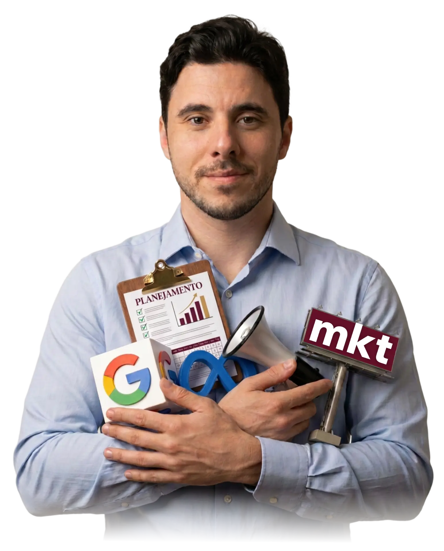 CMO da todoseu marketing segurando planejamento, Google, Meta, megafone e mini outdoor